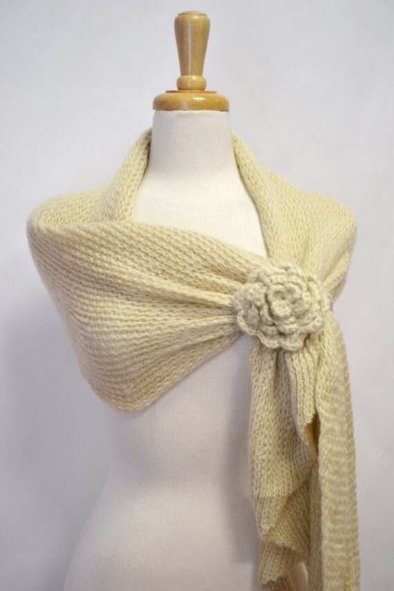 Oatmeal Creme Rose Broach Knitted Wrap Shawl Neck Warmer Scarf