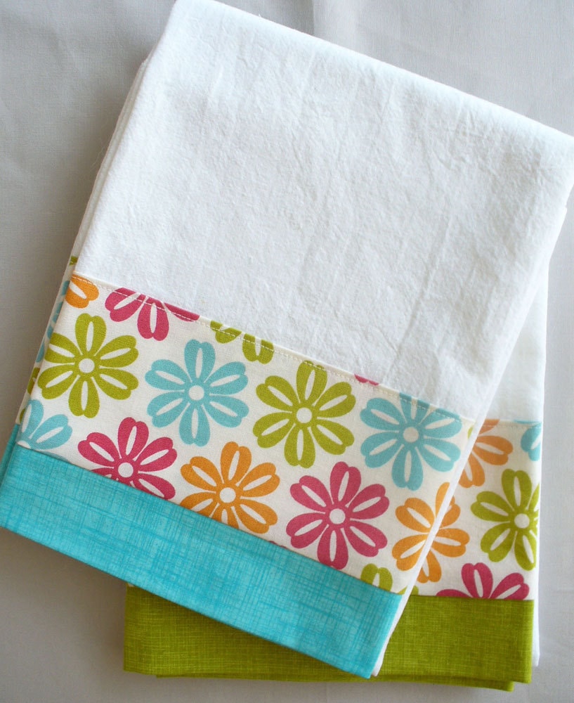 Kitchen towels daisy teal green orange and red cotton fabric