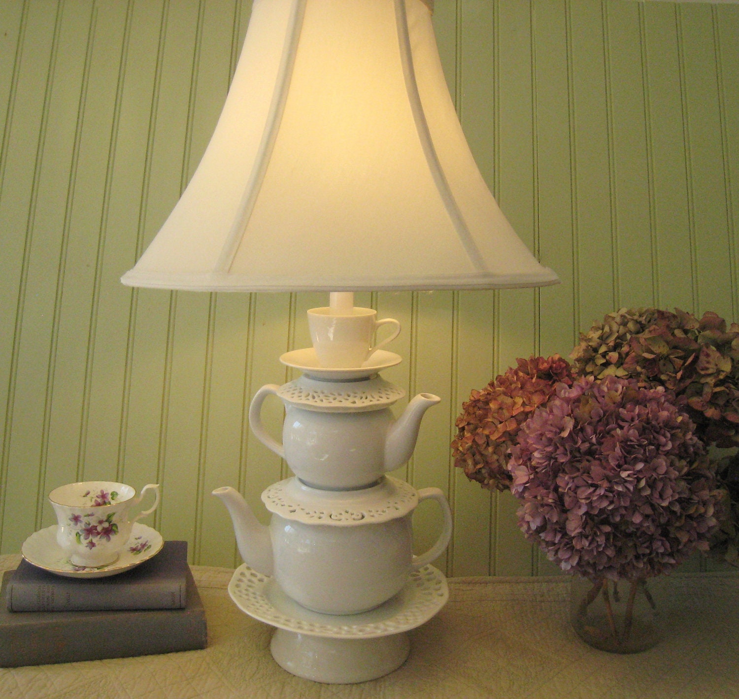 White Stacked Teapot Lamp Tea Cup and Reticulated by ThistleandJug