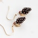 Tiny Leaf Pine Cone Earrings Christmas Gold Minimal Leaves Antiqued Copper Brown Pinecone Nature Woodland - E188