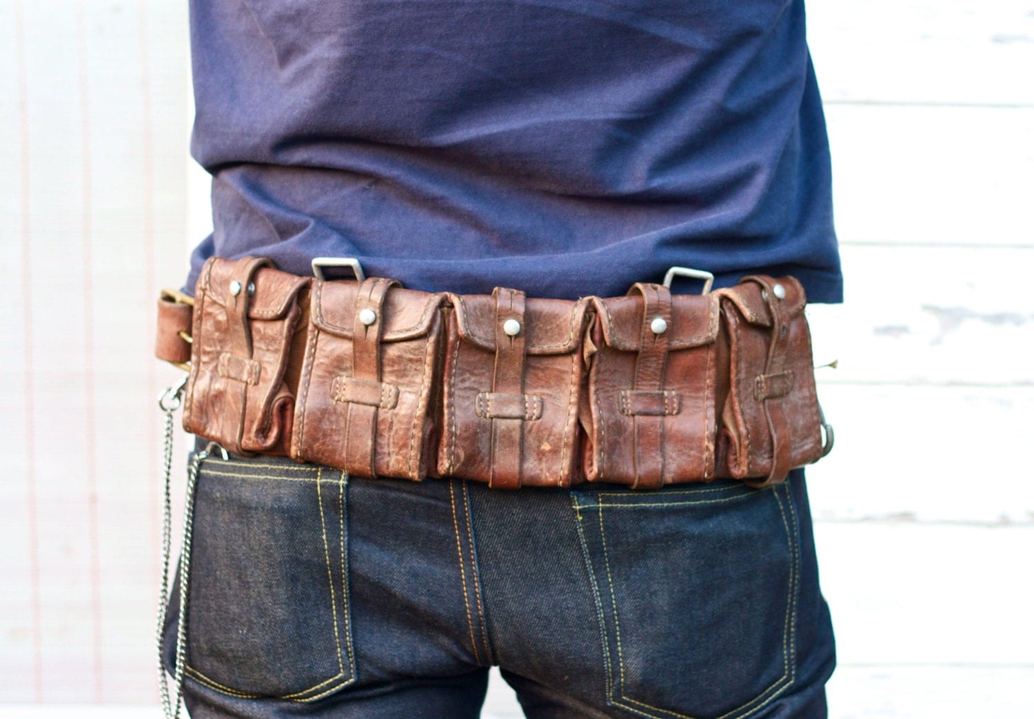 Distressed Old Leather Bandolier Ammo Belt Pouch Steampunk