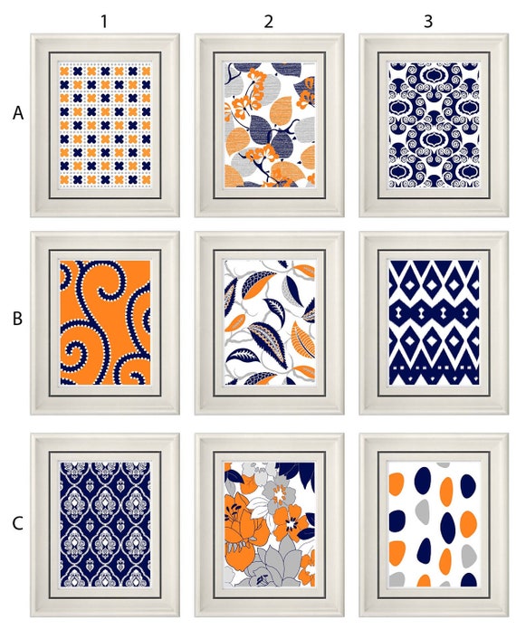 Items similar to Set of Three Modern Orange/Navy Wall Art Any (3) 8x11