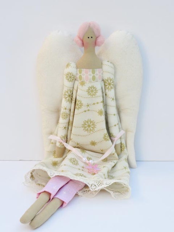 Christmas Angel fabric doll gold cream pastel art doll cloth