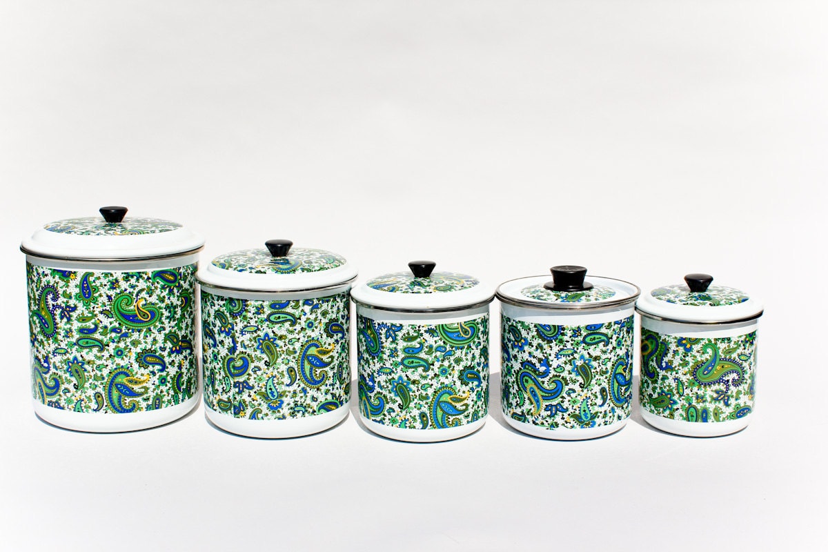 blue green paisley kitchen canister set enamel porcelain