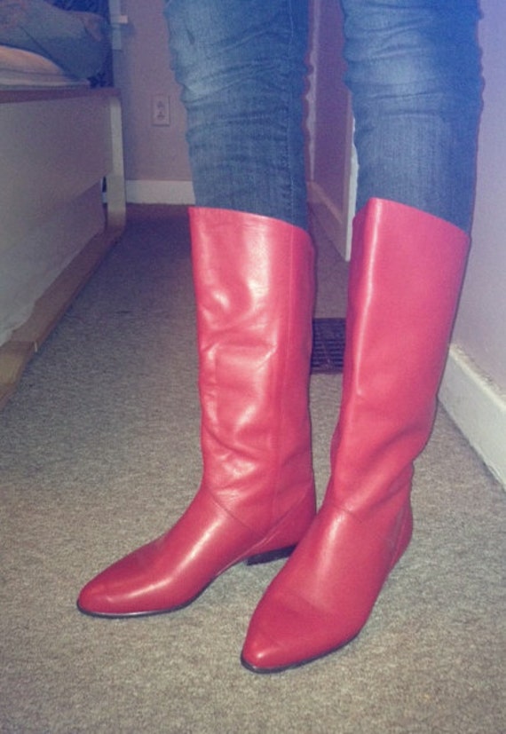 Items similar to Red Vintage CalfHigh Flat Boots on Etsy