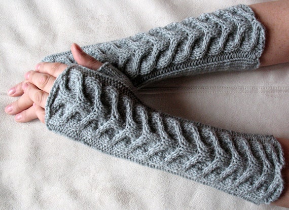 Fingerless Gloves Long Gray 11" Mittens Arm Warmers, Acrylic Wool