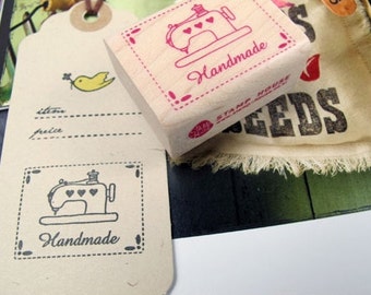 Handmade Label Pink Sewing Machine Stitch Line Rubber Stamp