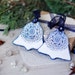 Christmas Gift set of 2 decoration Bells ornaments in white and navy blue lace texture with navy thread Holiday decor tree