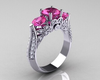 Classic 10K White Gold Three Stone Diamond Pink Sapphire Solitaire Ring R200-10KWGDPS