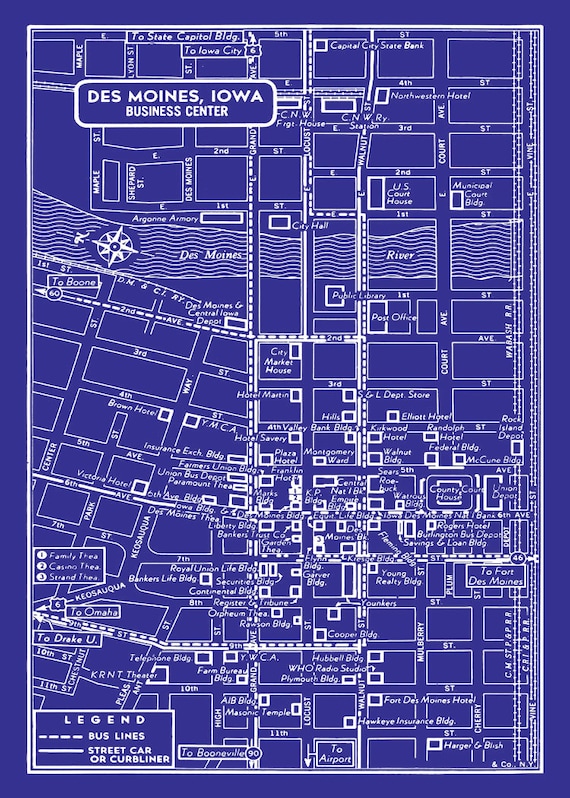 Des Moines Vintage Map of Downtown Des Moines Blueprint Map