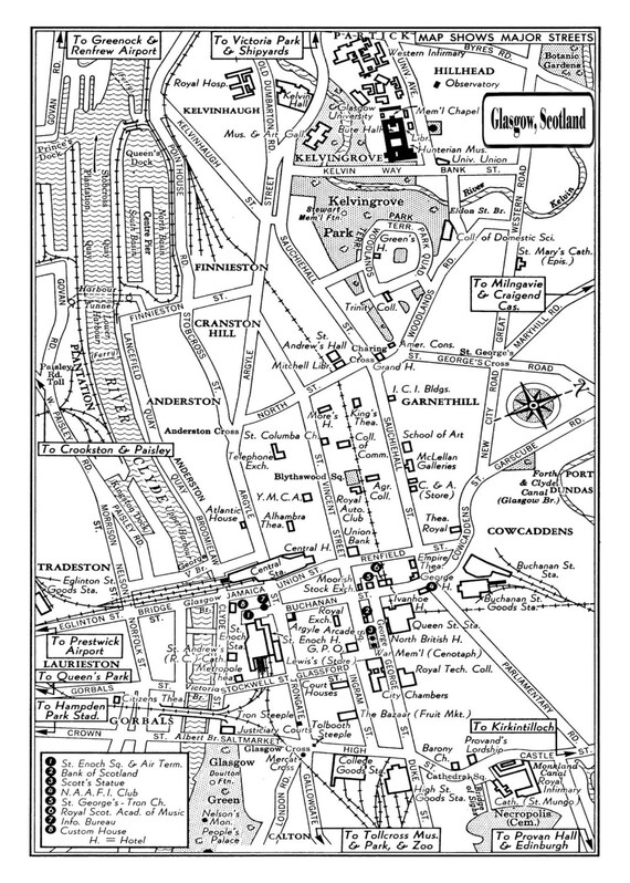 Glasgow 1949 Vintage Map of Downtown Glasgow Scotland 11x17