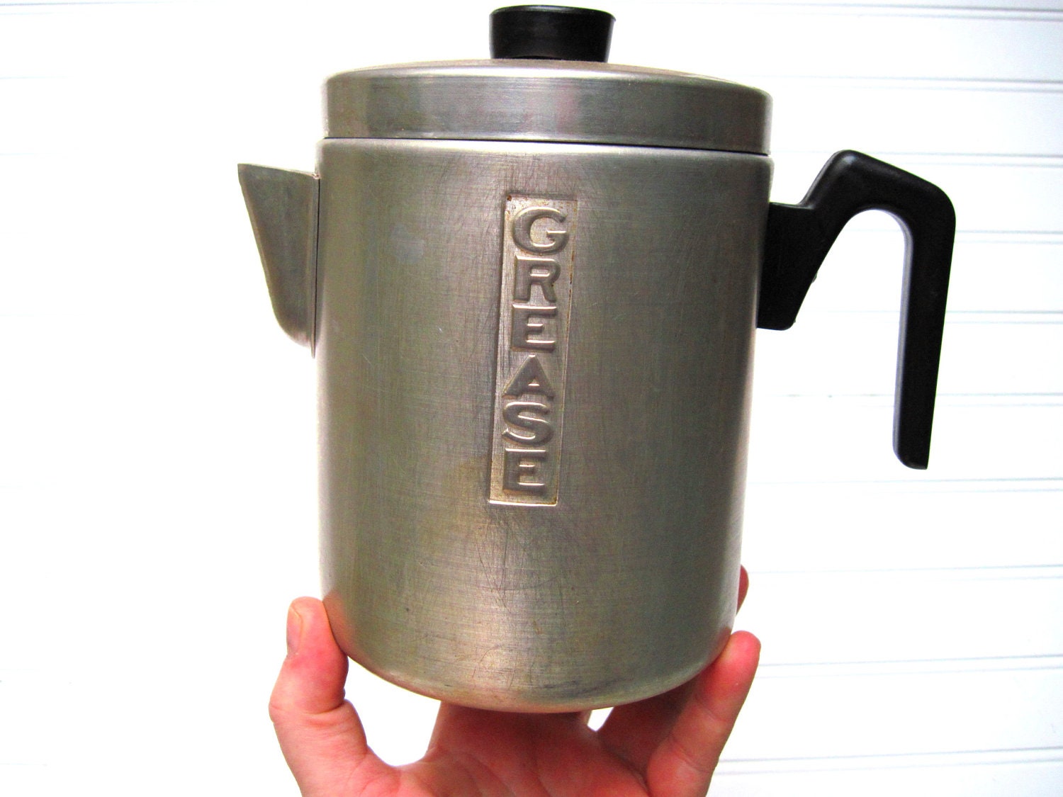 Tin grease pot with cracklin strainer and salt and pepper