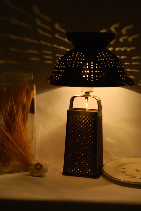 Rustic Recycled Cheese Grater and Colander Countertop Lamp