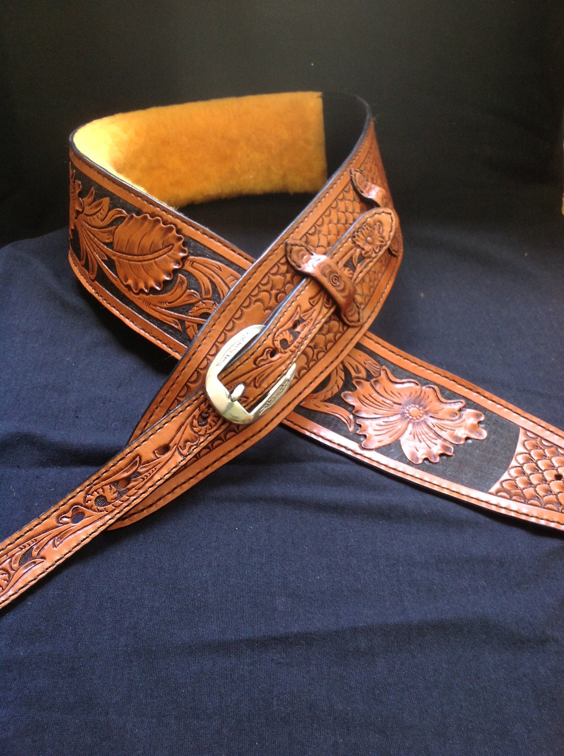 Tooled leather guitar strap