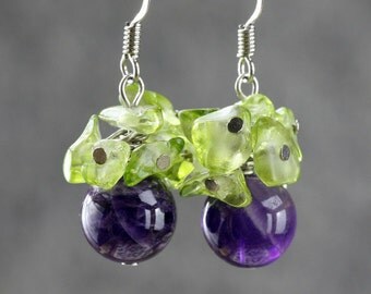 Amethyst peridot grape drop earrings Free US Shipping handmade Anni Designs
