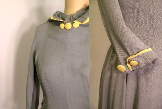 Vintage 40s 50s Gray Grey and Yellow Button Collared Dress