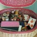 vintage pink leopard print sewing basket with notions