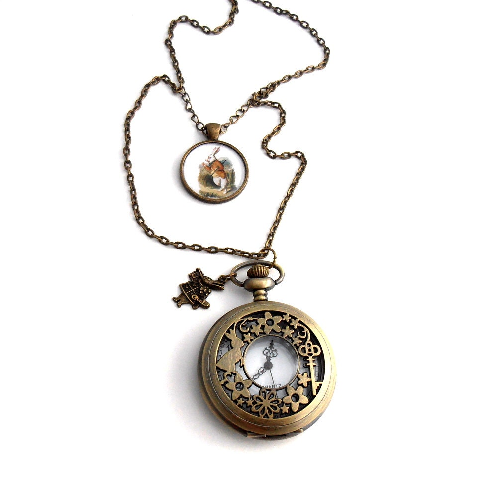 Items similar to Alice Pocket Watch Necklace, White Rabbit Pendant ...