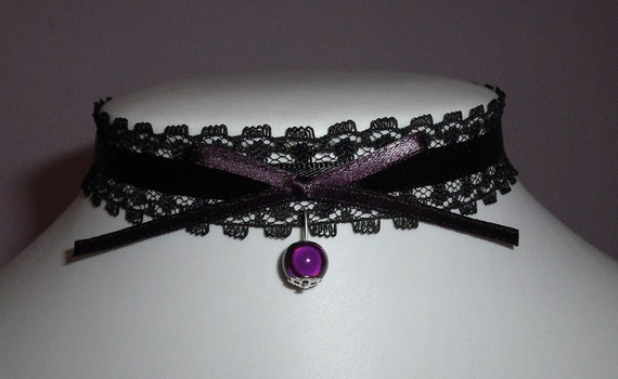 Items Similar To Purple Choker Gothic Necklace Black Lace Violet Bow Bead Collar Kitsch 