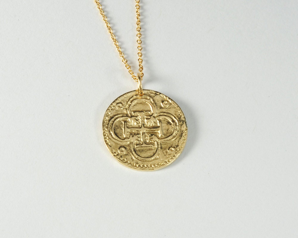Large Spanish Coin Pendant in Solid 14K Gold NO CHAIN