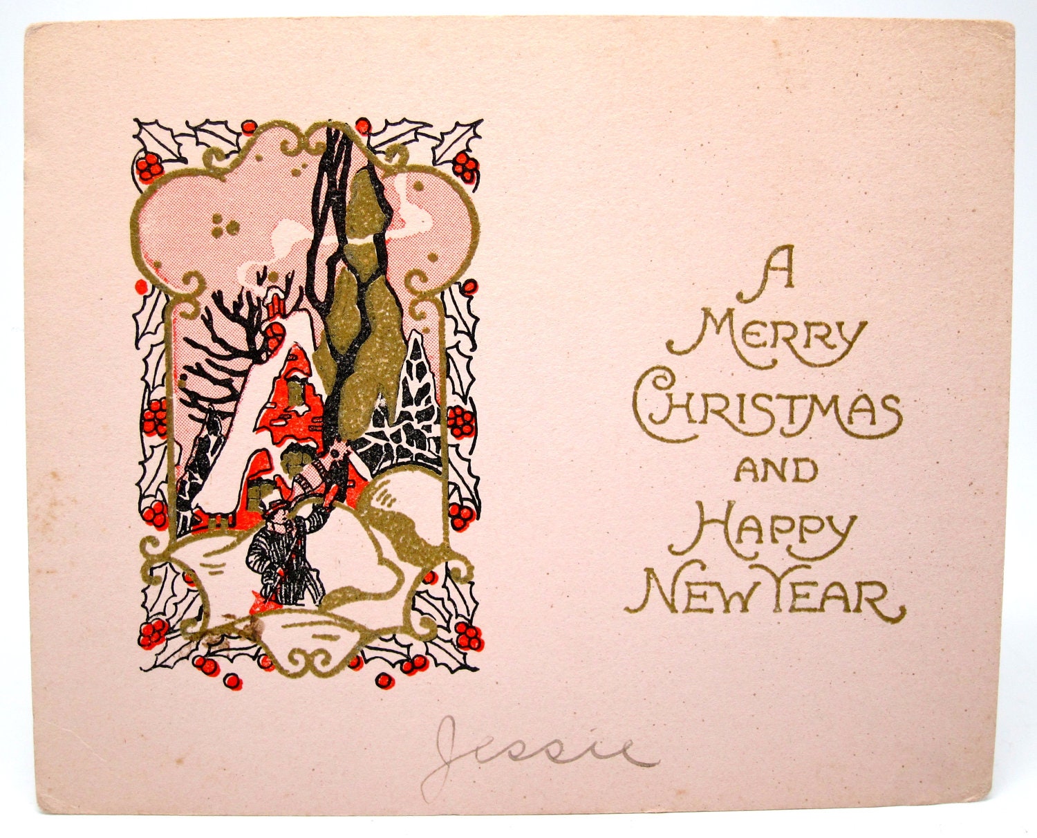 Vintage Christmas Card 1920s Postcard Art Deco Pink Gold