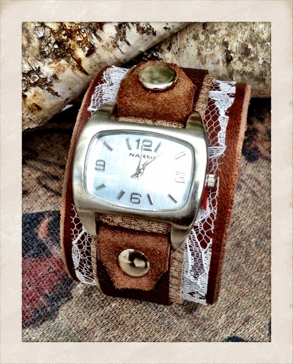 Women's Leather watch cuff bracelet with silver watch