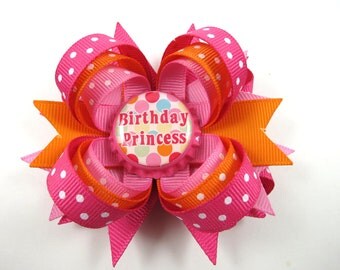 Birthday Hair Bow - Princess Brithday Hair Bow - 1st 2nd 3rd 4th 5th Birthday Hair Bow - Polka Dot Hair Bow - Orange Pink Hair Bow