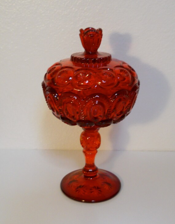 Ruby Red Glass Pedestal Candy Dish and Lid Moon and Stars