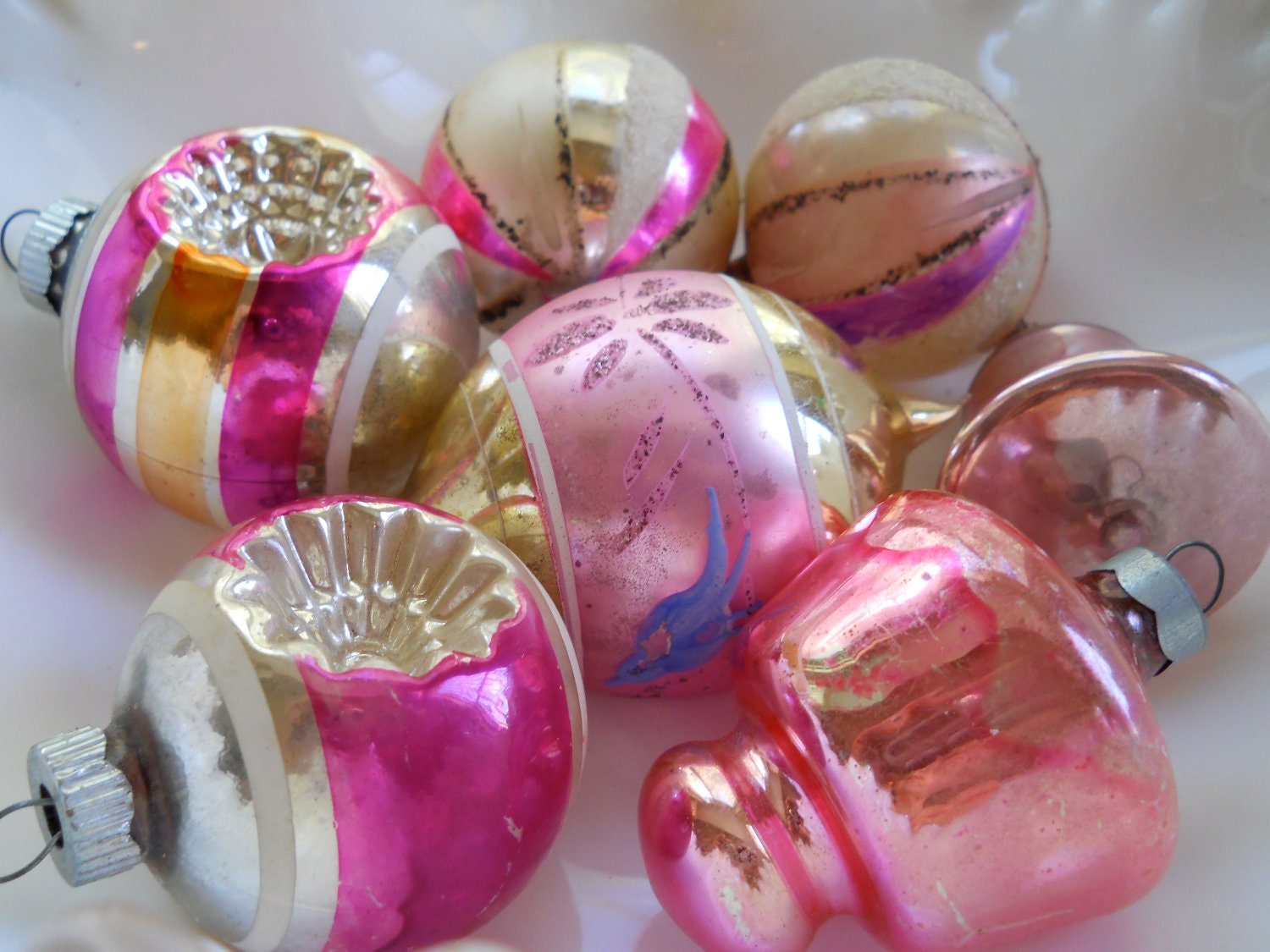 Vintage Pink Mercury Glass Christmas Tree Ornaments Shiny