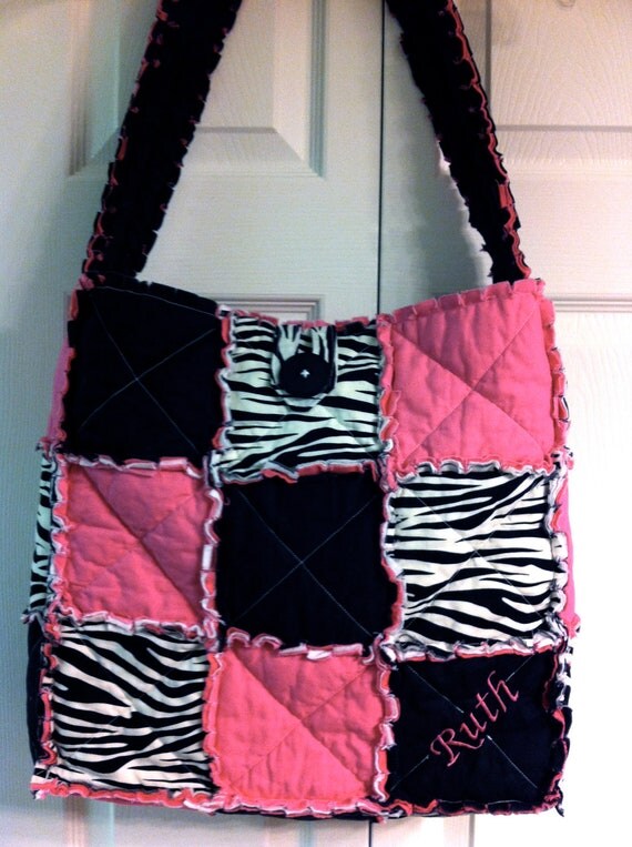 Items similar to Zebra Print Rag Quilt Diaper Bag 15" X 15" X 5" Bottle
