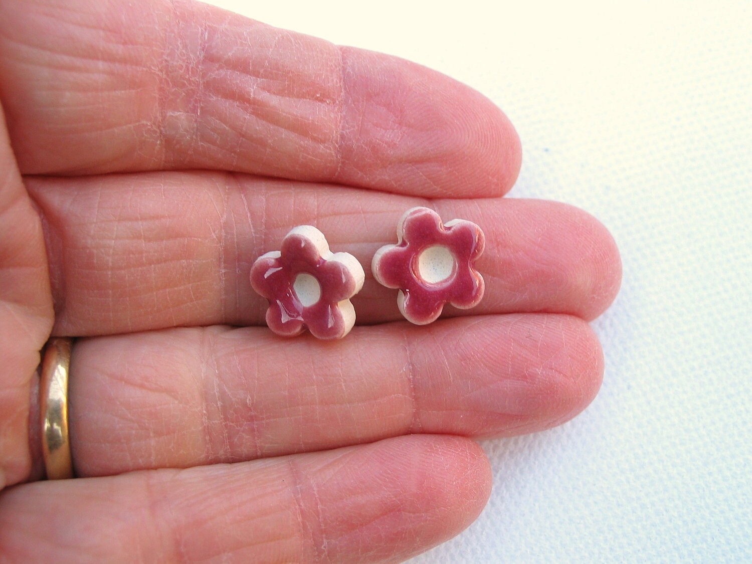 Burgundy ceramic earrings little flowers stud posts Maroon