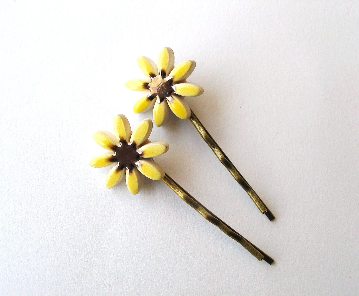 2 Sunflower bobby pins ceramic flowers antique bronze tone