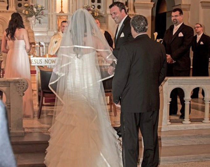 Ready-to-ship: 2-Tier CASCADING CATHEDRAL Veil with satin ribbon and a blusher, White color veil with diamond white ribbon