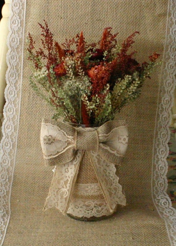 Items similar to Burlap centerpieces for weddings, flower vase, shabby