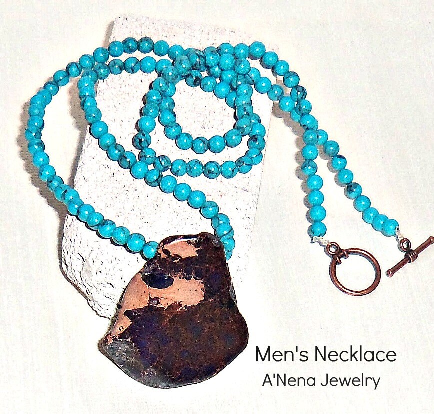 Men's Necklace Genuine Imperial Jasper and Turquoise