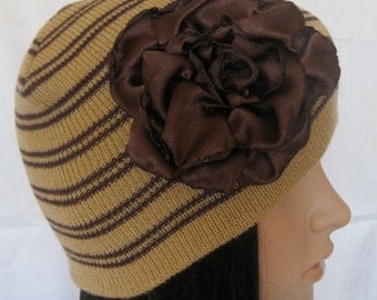 Brown Striped Beanie with a Beautiful Handmade Dark Brown Open Satin Rose Winter Hat