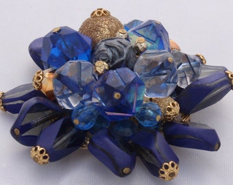 Vintage 1970's Dark Blue Purple Gold Art Glass Gold Metal Brooch Made in West Germany