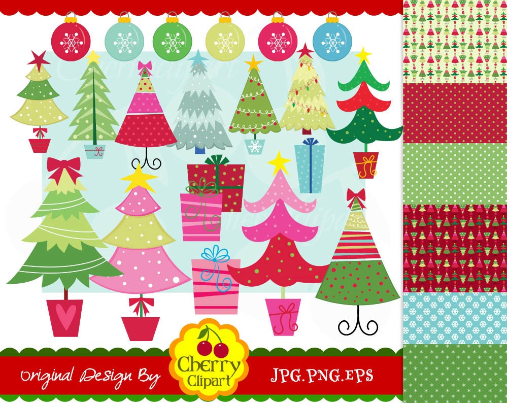 Christmas Funky Trees digital clip art and digital papers-Personal and Commercial Use-paper crafts,card making,scrapbooking,web design