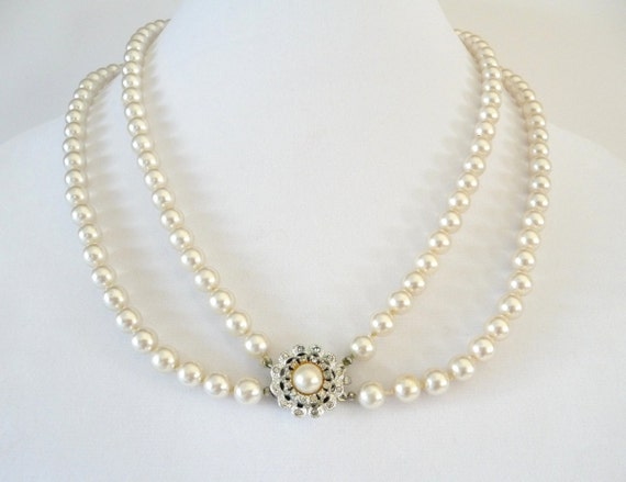 Vintage Pearl Necklace Double Strand Faux Pearls Rhinestone