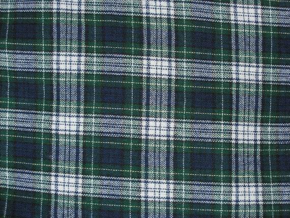 Tartan Scottish Plaid Wool Fabric Navy Blue Green and White 62