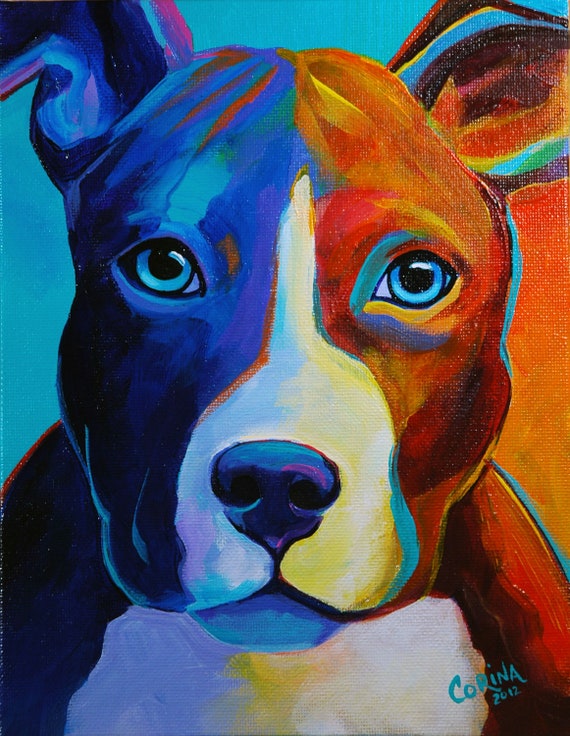 Pitbull Pup Original 7 x 9 Acrylic Painting By Corina St