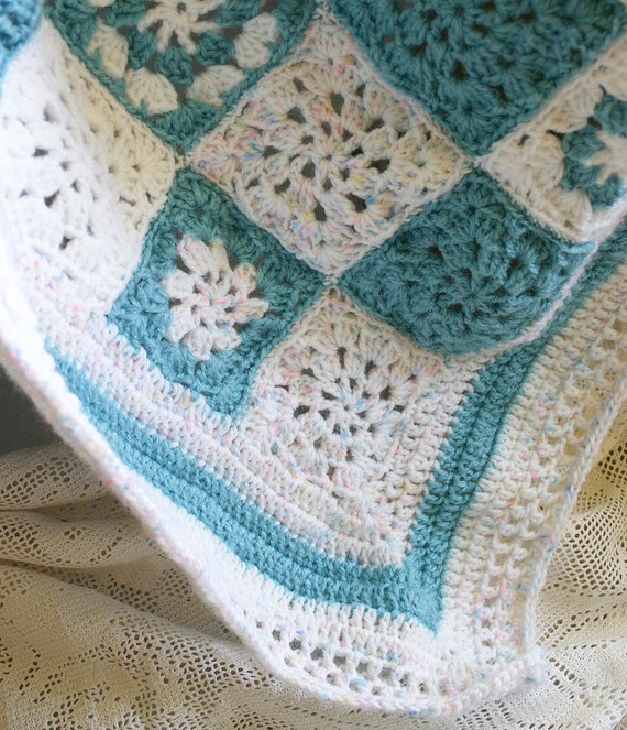 Turquoise Crochet Baby Blanket Aqua White Granny by lauraprilltoo