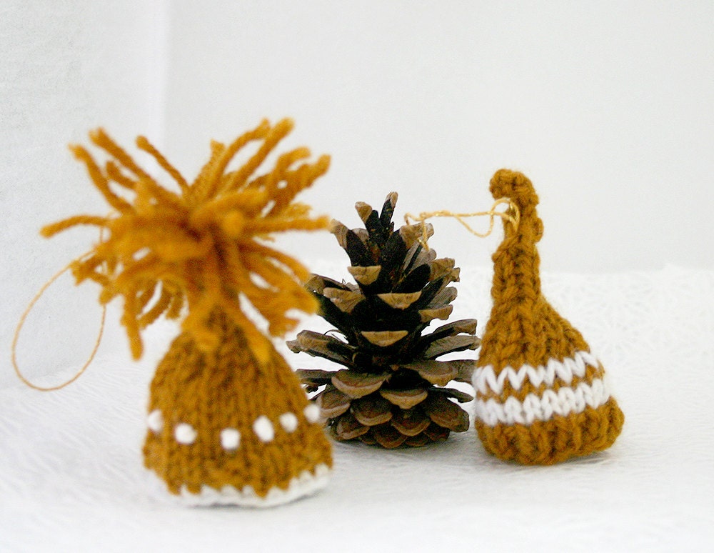 Miniature Knit Hat Ornaments Two Gold Brown by lauraprilltoo
