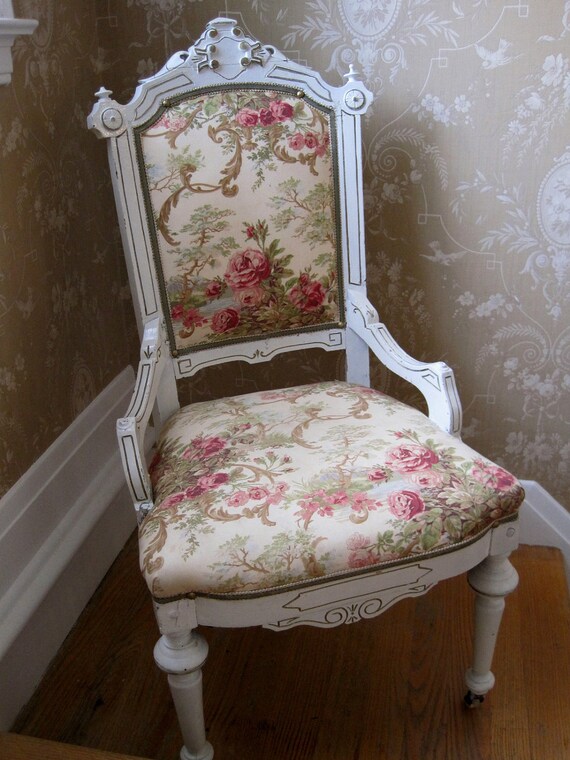 Items similar to Wood Antique Chair Shabby Chic Floral & White