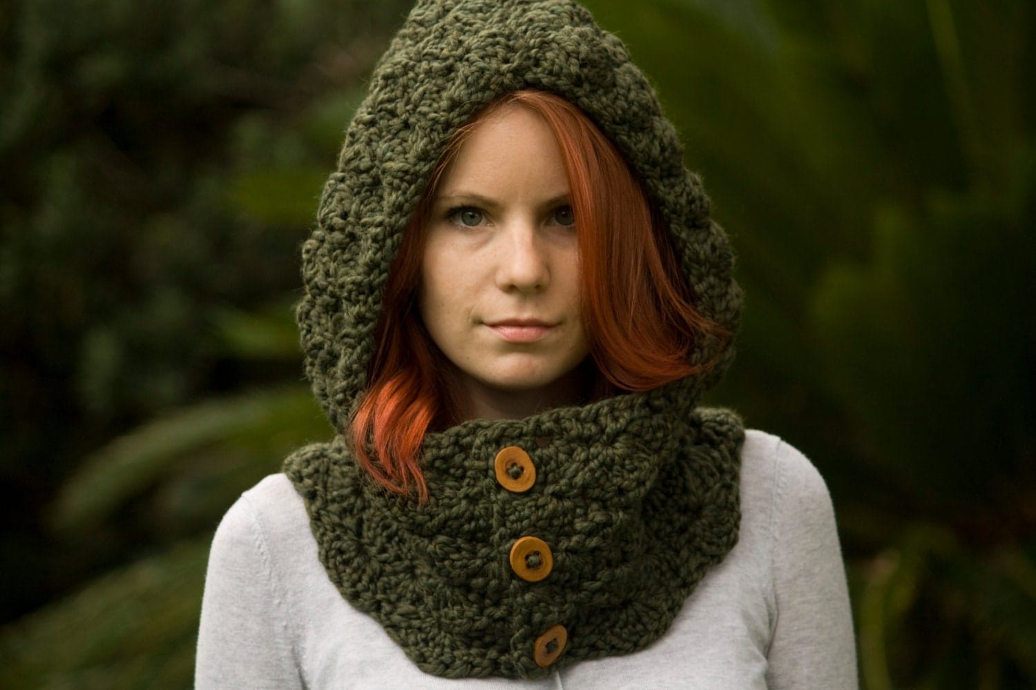 crochet cowl pattern hooded chunky hooded Cowl Olive scarf by Hooded Button Crochet WellRavelled Wood