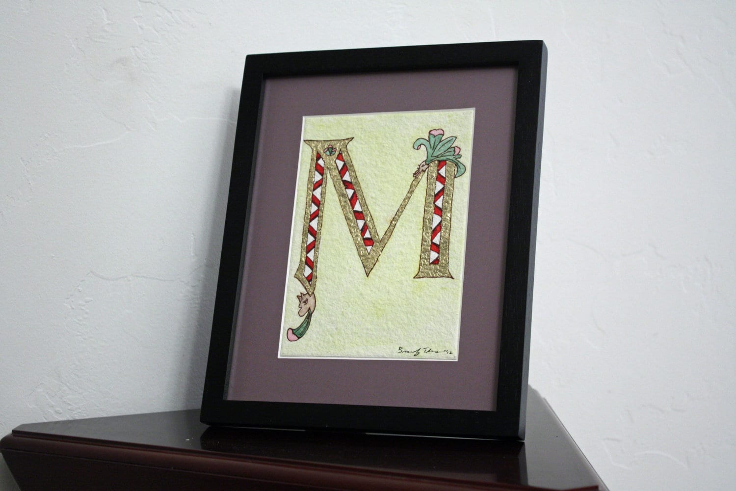 Illuminated letter M on watercolor paper 9 x 11