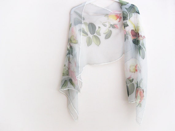 Chiffon scarf hand painted silk grey scarf floral silk art