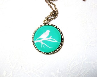 SALE -Bird necklace- Turquoise Bird on the branch pendant