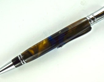 Handcrafted Acrylic Pen Hand Turned Copper Blue and Silver Chrome Hardware 289N