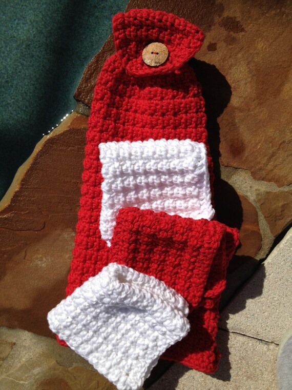 Items similar to Crocheted Cotton Dish Towel and Three Dishcloths /Washcloths Red an Whte Set on